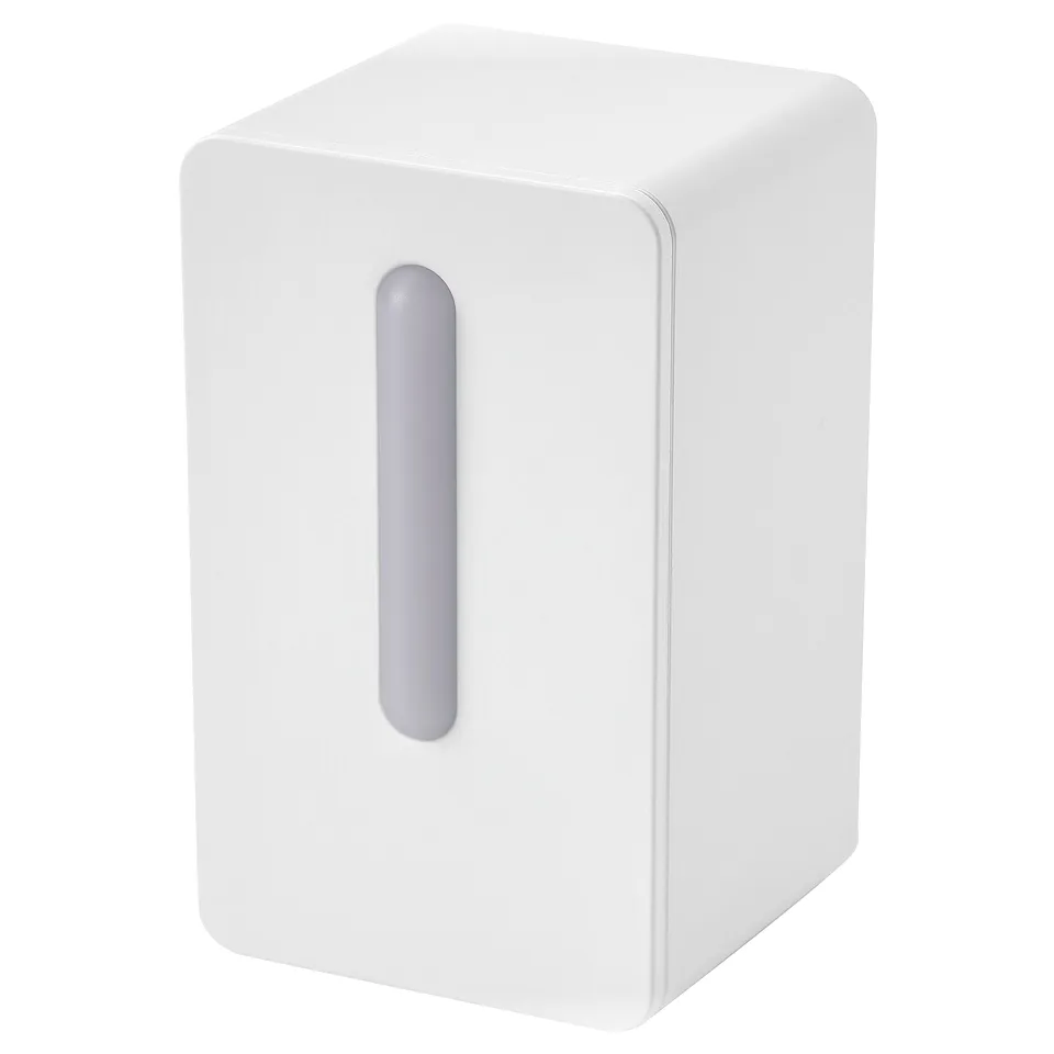 White cylindrical air quality sensor with vertical grey stripe, sleek minimalist design, plastic body.