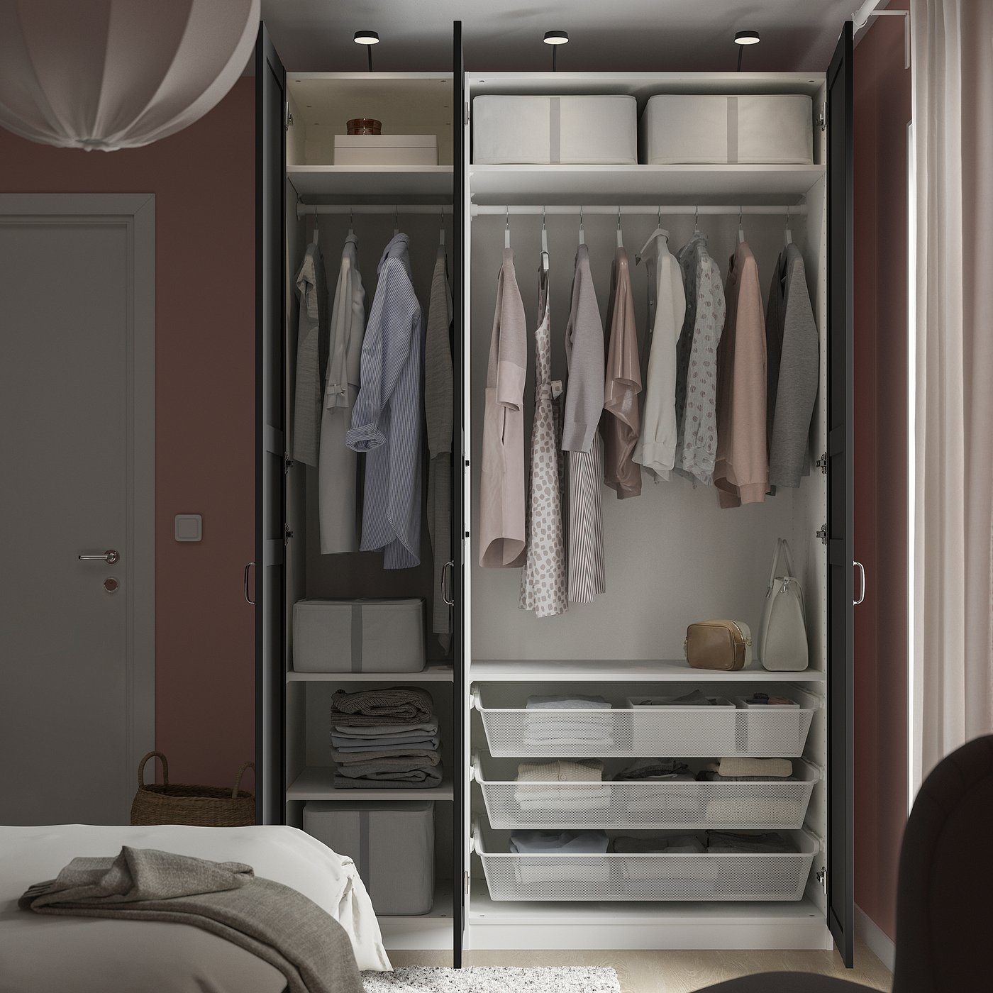 Open wardrobe with clothes, organisers, and storage boxes, demonstrating PAXs modular storage solution.