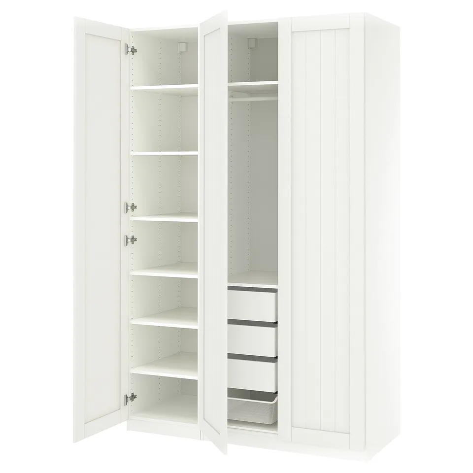 White PAX wardrobe, open showing shelves and drawers.