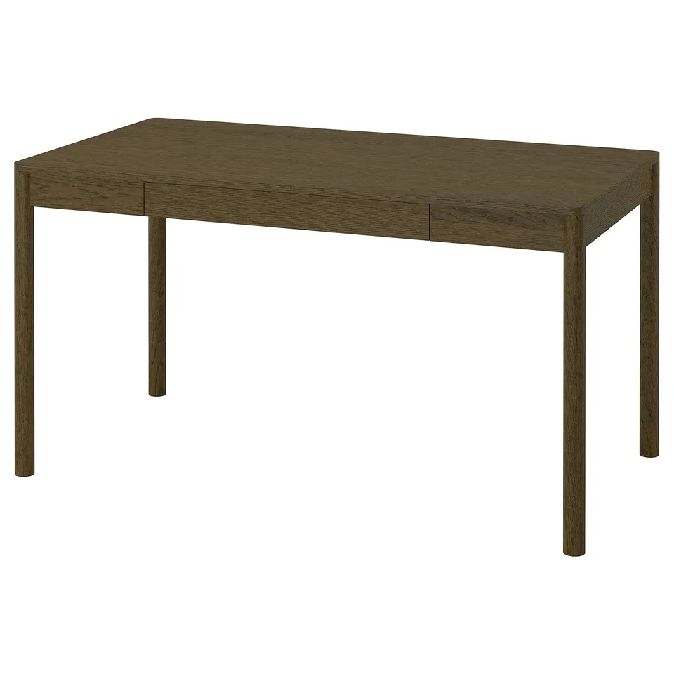 A dark brown TONSTAD oak wooden desk with a rectangular top and four straight legs, displaying a classic design.