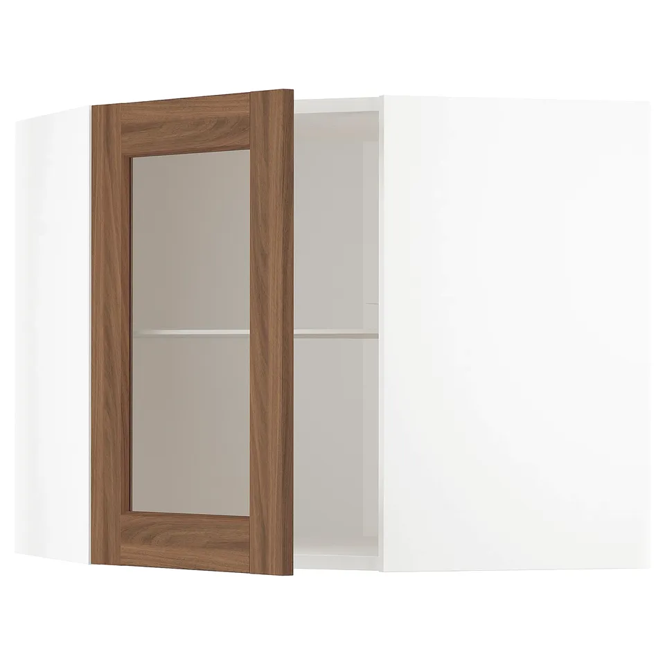 METOD kitchen unit with walnut-grained glass door open, white frames.