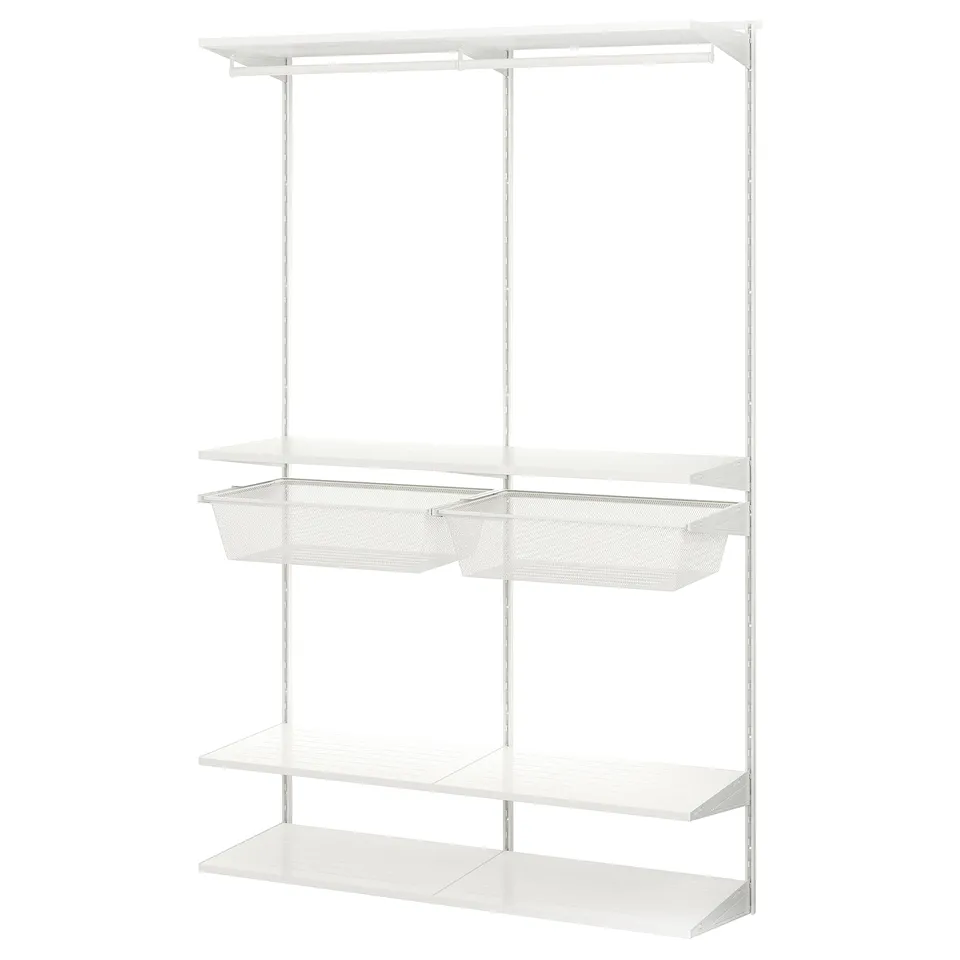 A white BOAXEL wall storage system, featuring shelves and mesh baskets, ideal for bedroom organisation.