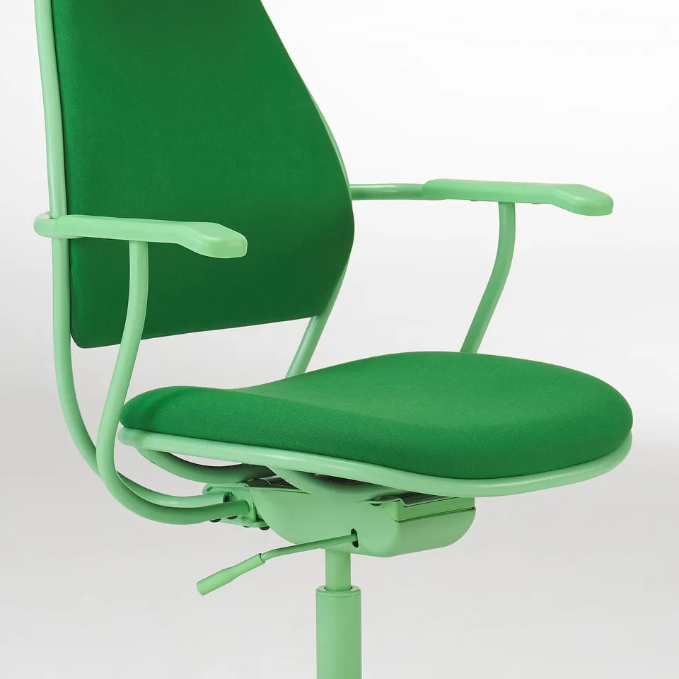 Vibrant green gaming chair with mesh back, adjustable armrests & seat height, designed for comfort & support.