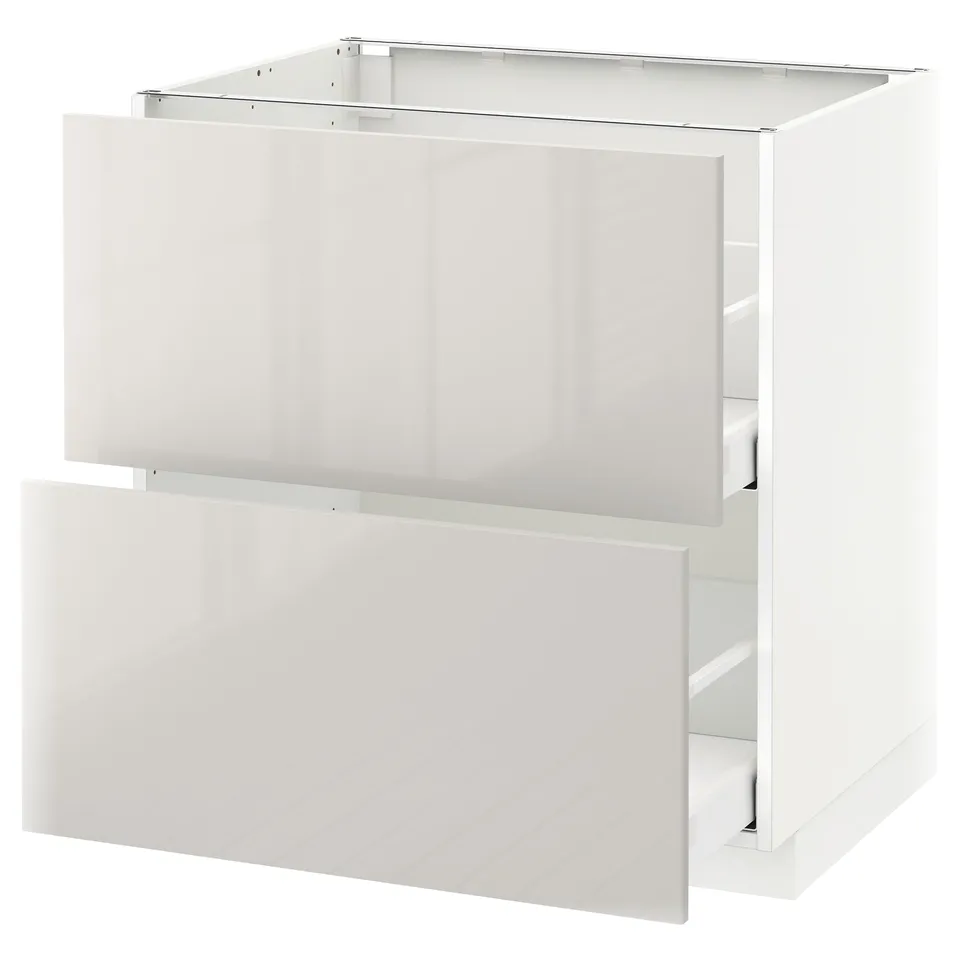 Modern white kitchen cabinet with high-gloss finish and two drawers.