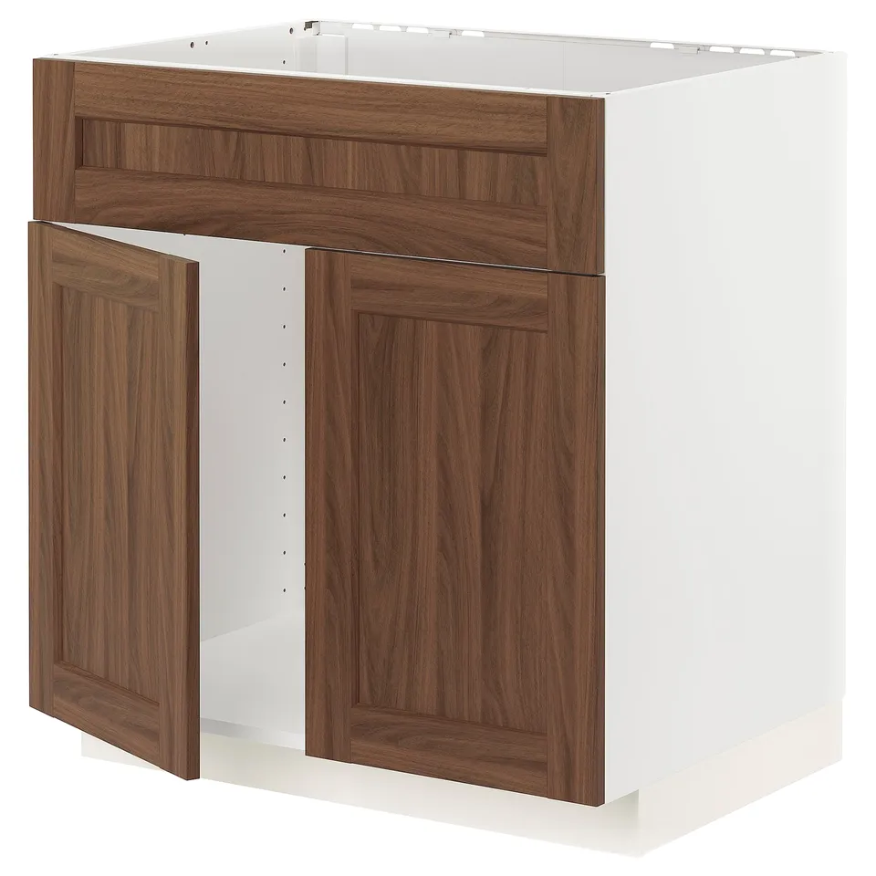 Walnut-colored METOD kitchen cabinet, rectangular, with two open wood-grain doors.