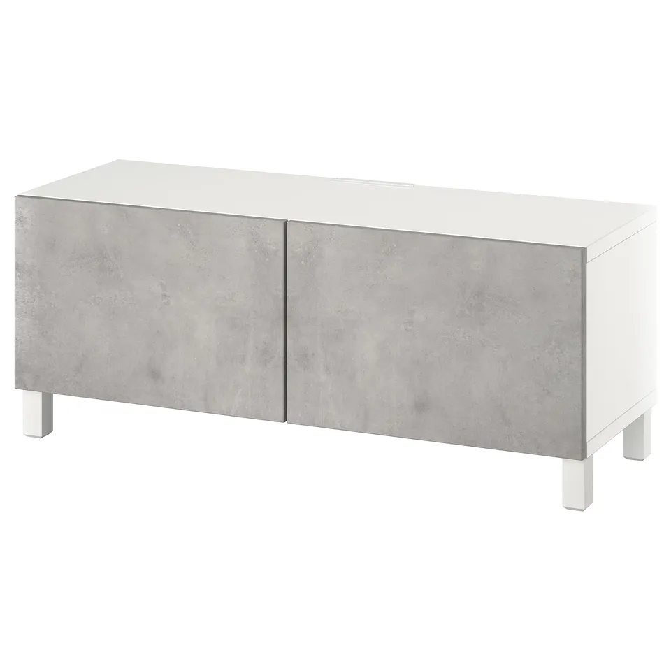 A white and concrete-colored BESTÅ tv bench with two doors and adjustable shelves.