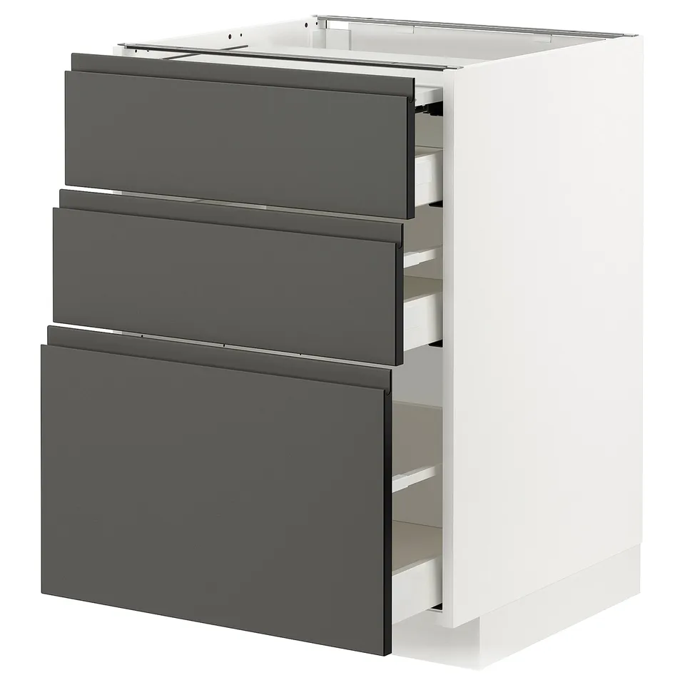 Modern kitchen cabinet with 3 grey drawers on white base.