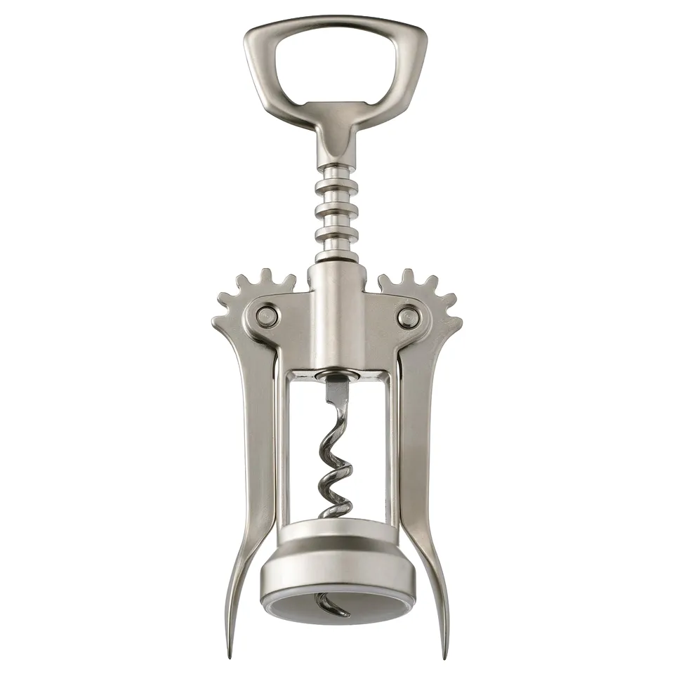 A silver-colored winged corkscrew with a bottle opener handle. Its made of nickel-plated metal and plastic inserts, designed for easy bottle opening.