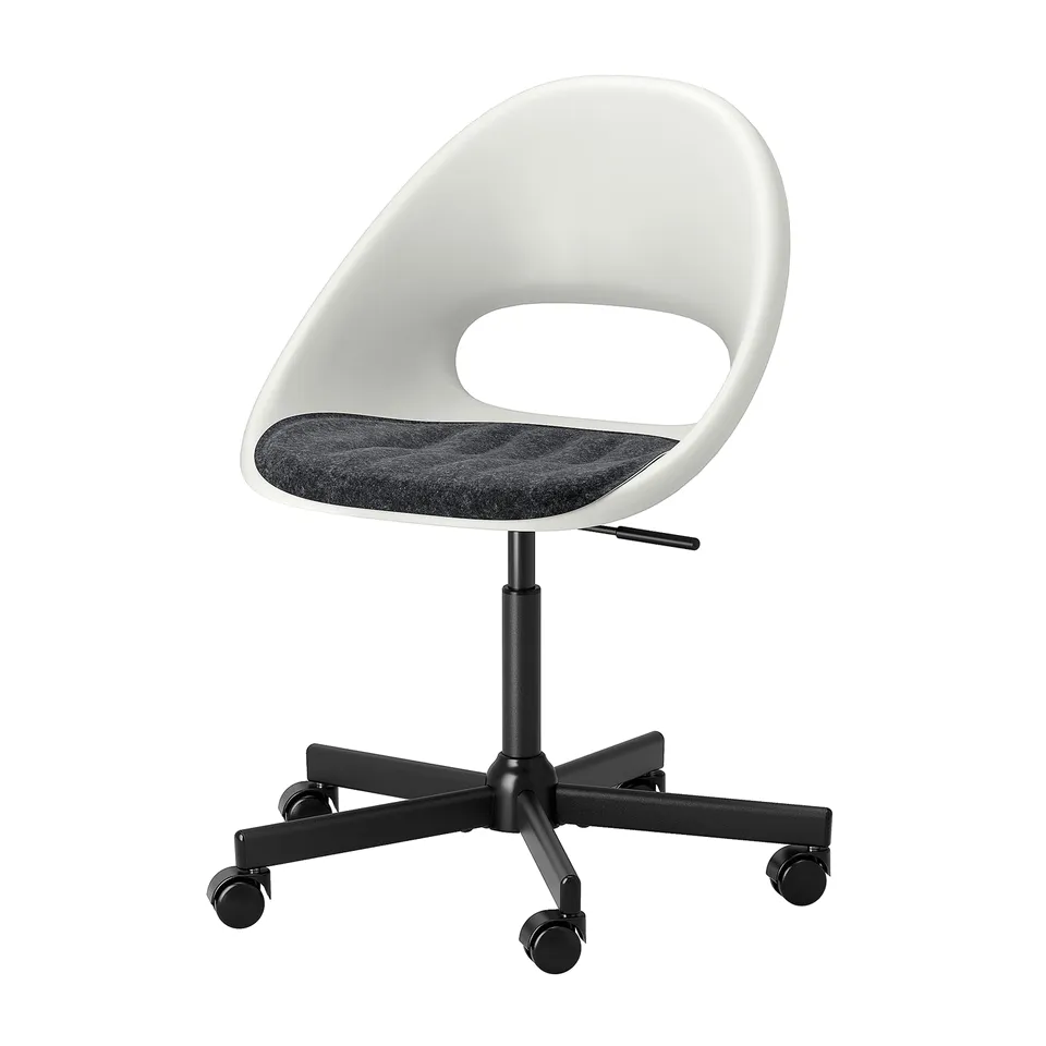 Displays a white LOBERGET office chair with a black base and wheels, designed for comfort and adjustability.
