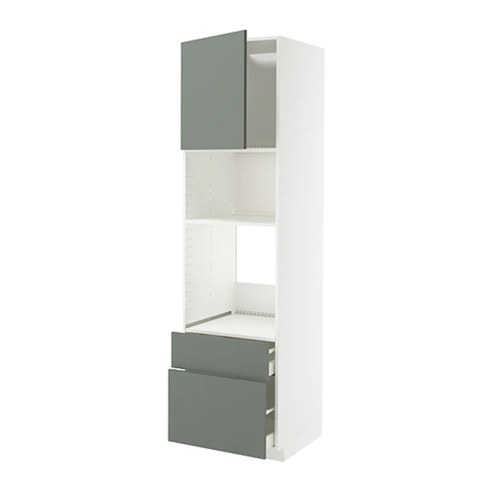 A METOD kitchen unit with grey-green nickebo fronts, featuring shelves and drawers.