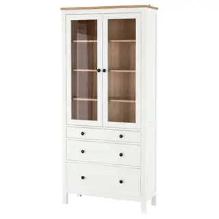 HEMNES glass-door cabinet with 3 drawers, white stain/light brown, 90x198 cm