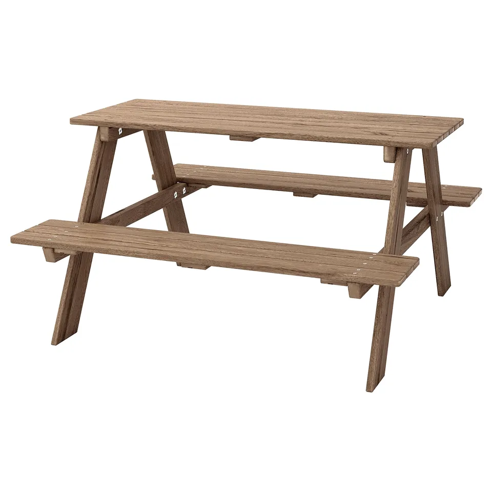 Wooden RESÖ childrens picnic table, brown, acacia wood, rectangular shape, simple classic design.