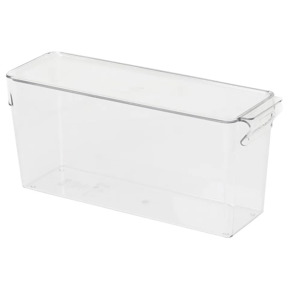 KLIPPKAKTUS clear plastic storage box, rectangular, stackable, with built-in handle for fridge organisation.