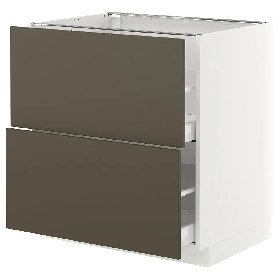 Modern kitchen unit, dark brown fronts, white frame, full-extension drawers.