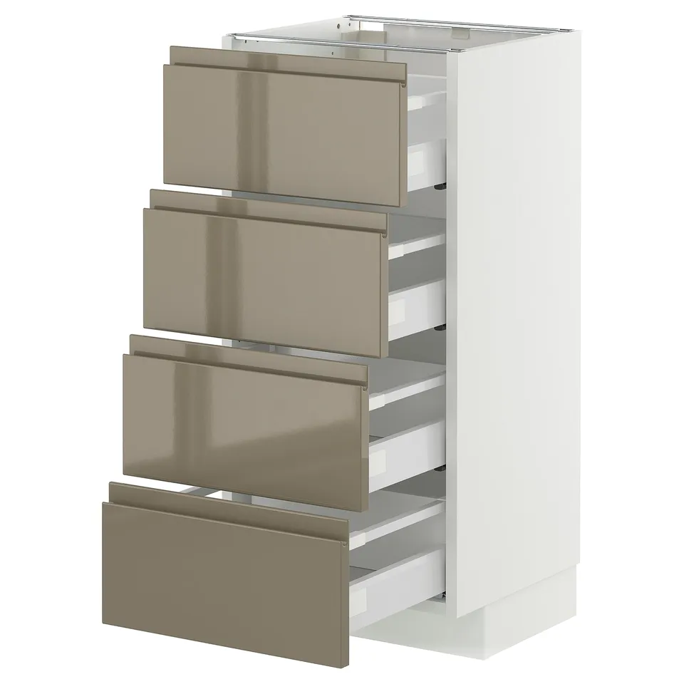 A white METOD kitchen cabinet with four dark grey-brown high gloss drawers featuring integrated handles.