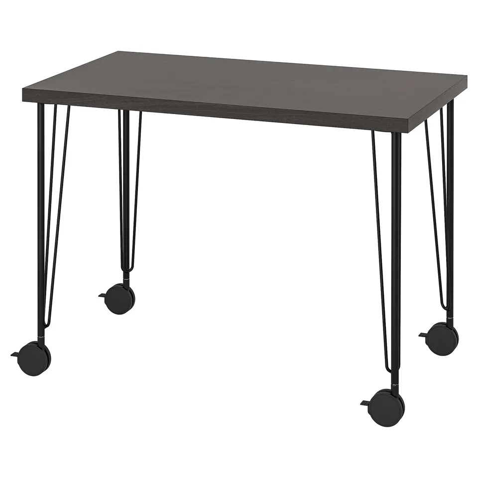 Modern black desk with metal legs and wheels. Rectangular shape, sleek design for easy movement.