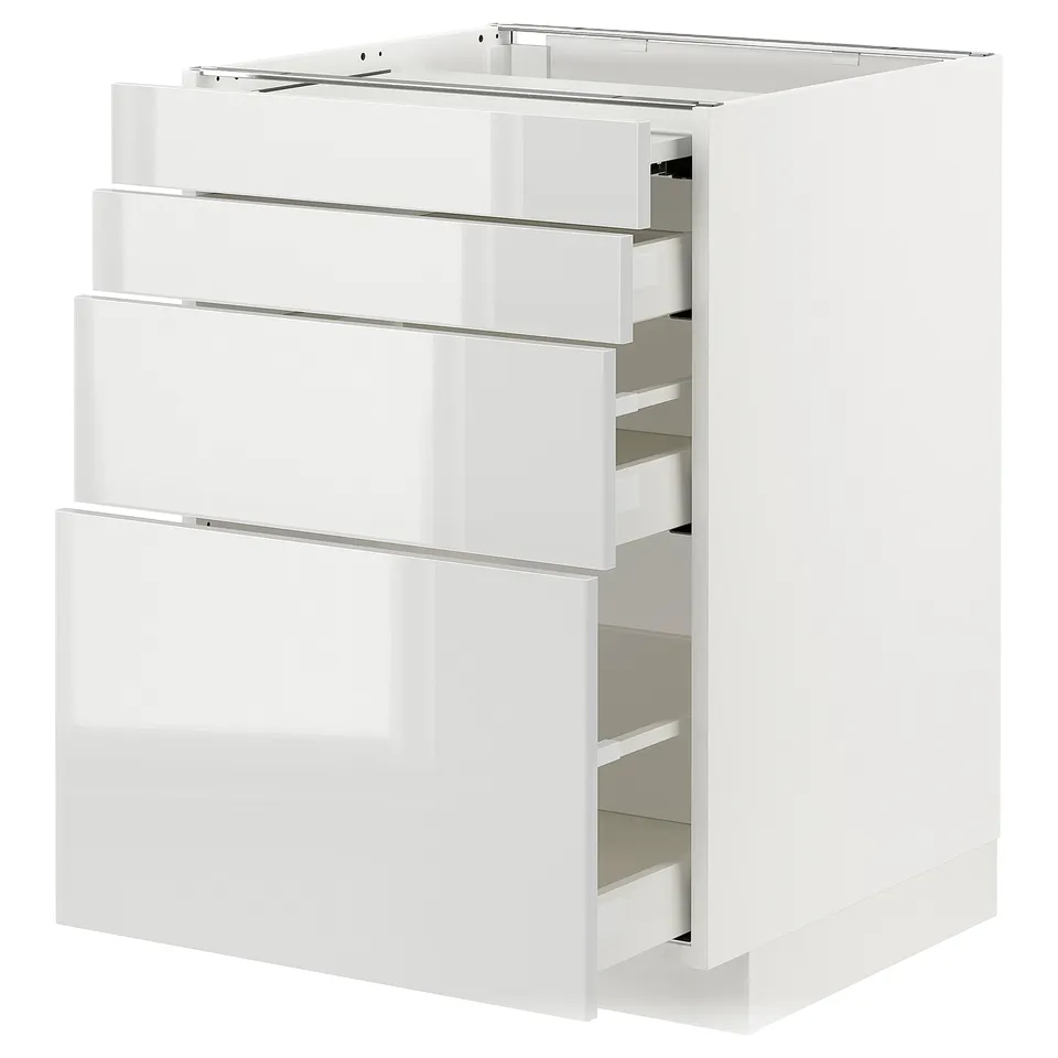 White modern kitchen cabinet with multiple drawers.