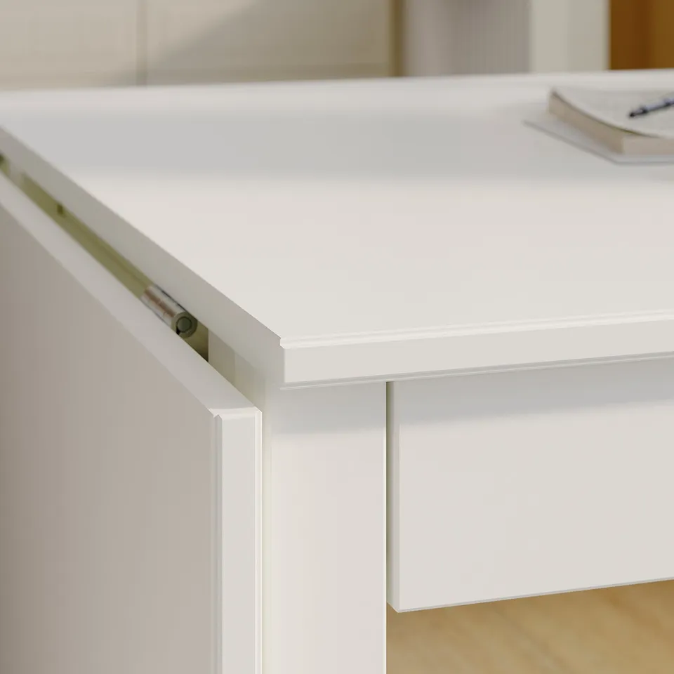 White table edge detail, smooth melamine top, quality finish, sturdy design.