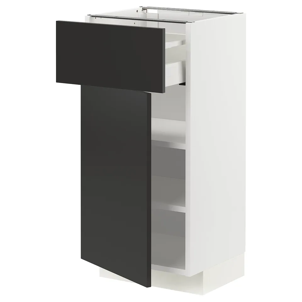 Black and white kitchen unit with drawers and shelves. Modern, sleek design.
