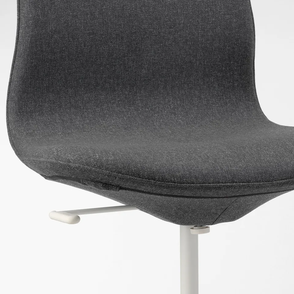 Image shows LÅNGFJÄLL office chair with height-adjustable seat, lumbar support, and tilt mechanism.