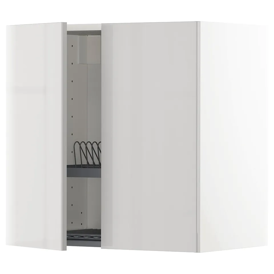A modern white METOD kitchen cabinet with a grey high-gloss door slightly open, revealing an inside shelf and a metal dish drainer.