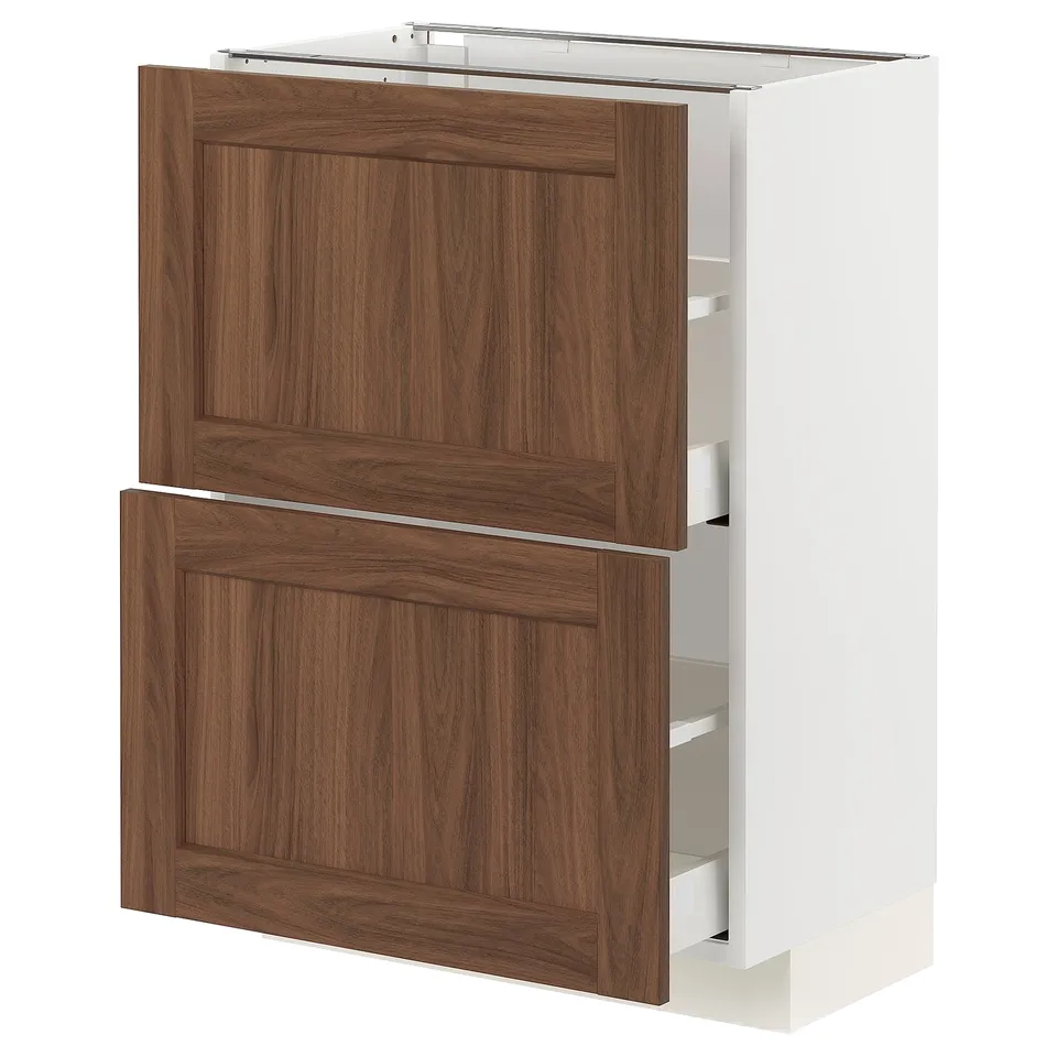 METOD kitchen cabinet with walnut wood finish, white frame, wooden drawer fronts.