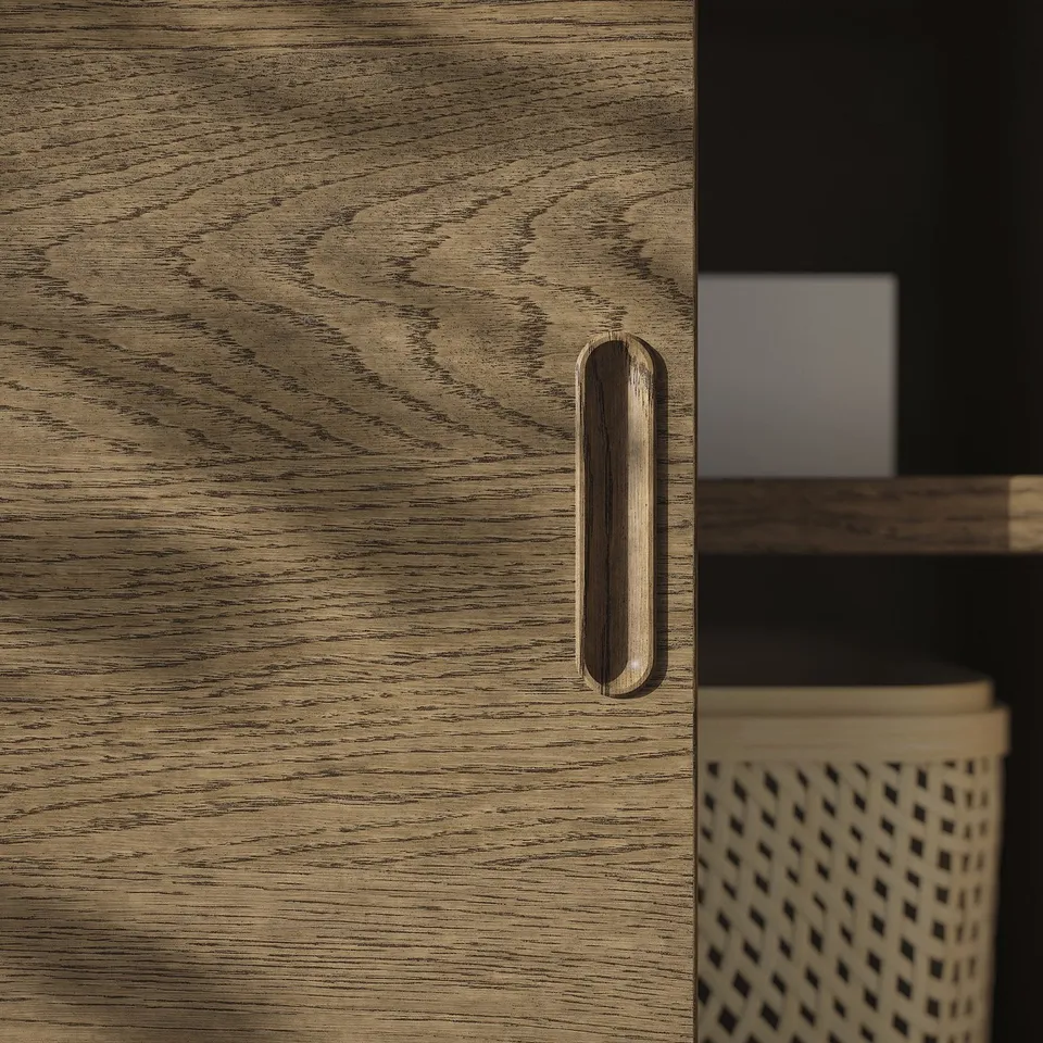 Modern wood tv stand with sleek handle, showcasing high-quality finish and clean design.