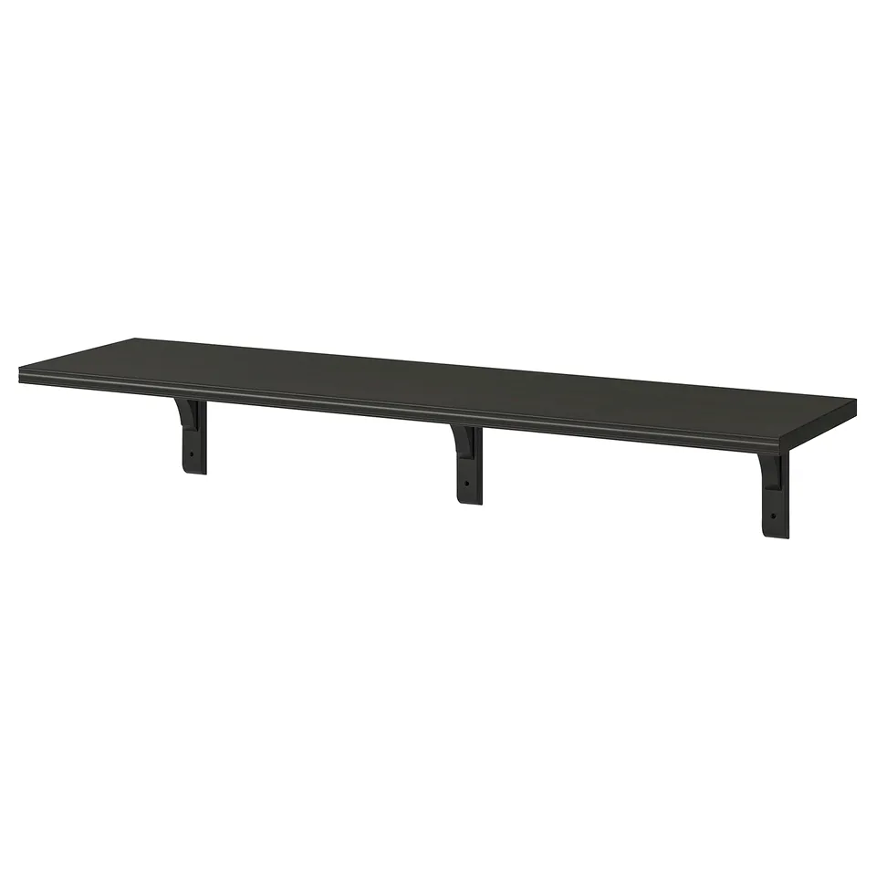 BERGSHULT: black wall shelf, particleboard & metal, rectangular, bevelled edge.