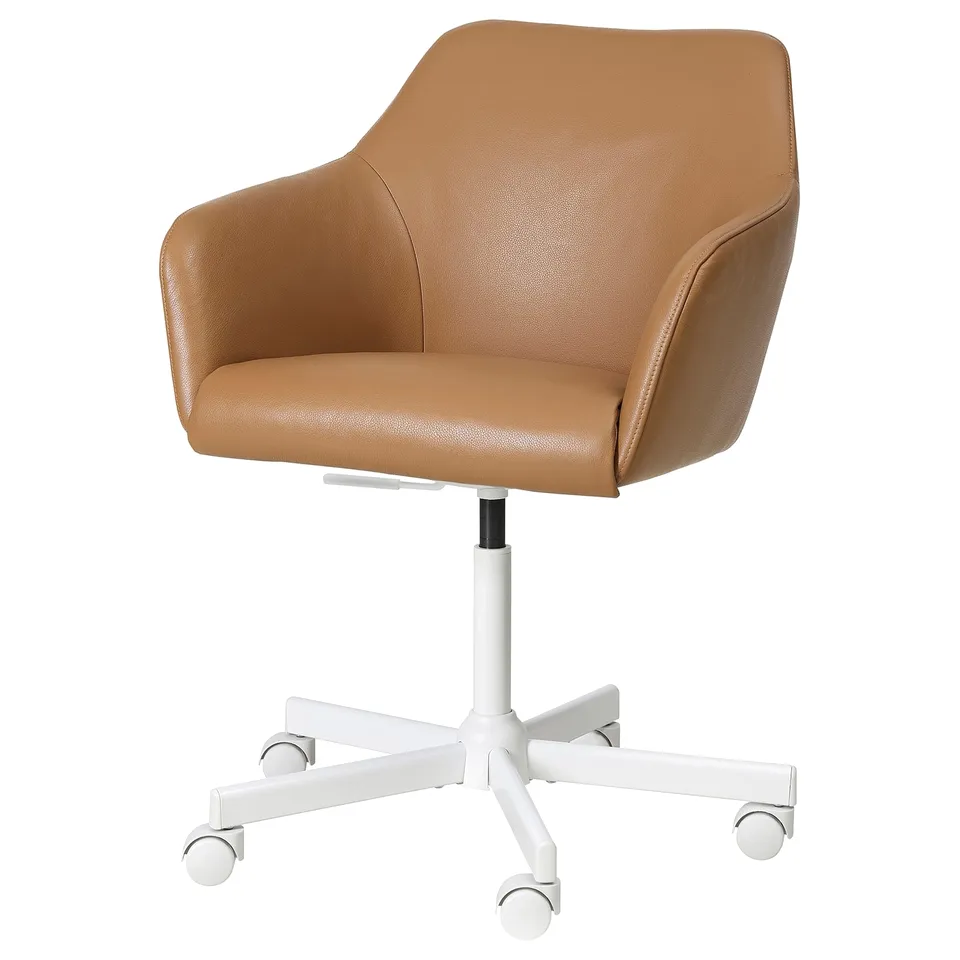 TOSSBERG: brown leather swivel office chair with white base and casters. Comfortable, padded, adjustable height, ideal for home or office.
