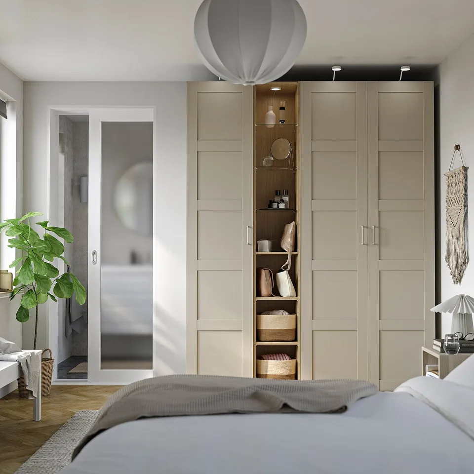 PAX / BERGSBO Wardrobe combination, grey-beige grey-beige/oak effect, 185x60x236 cm