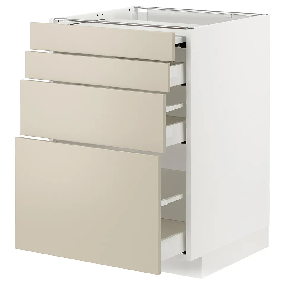 A white METOD kitchen cabinet with beige havstorp drawer fronts in a rectangular shape and smooth design, featuring four full-extension drawers.
