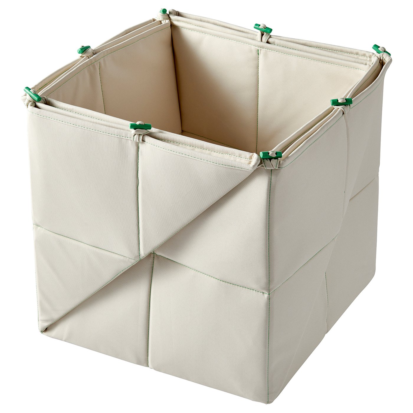 GREJSIMOJS: beige fabric storage bin with green handles, square shape, and foldable design.