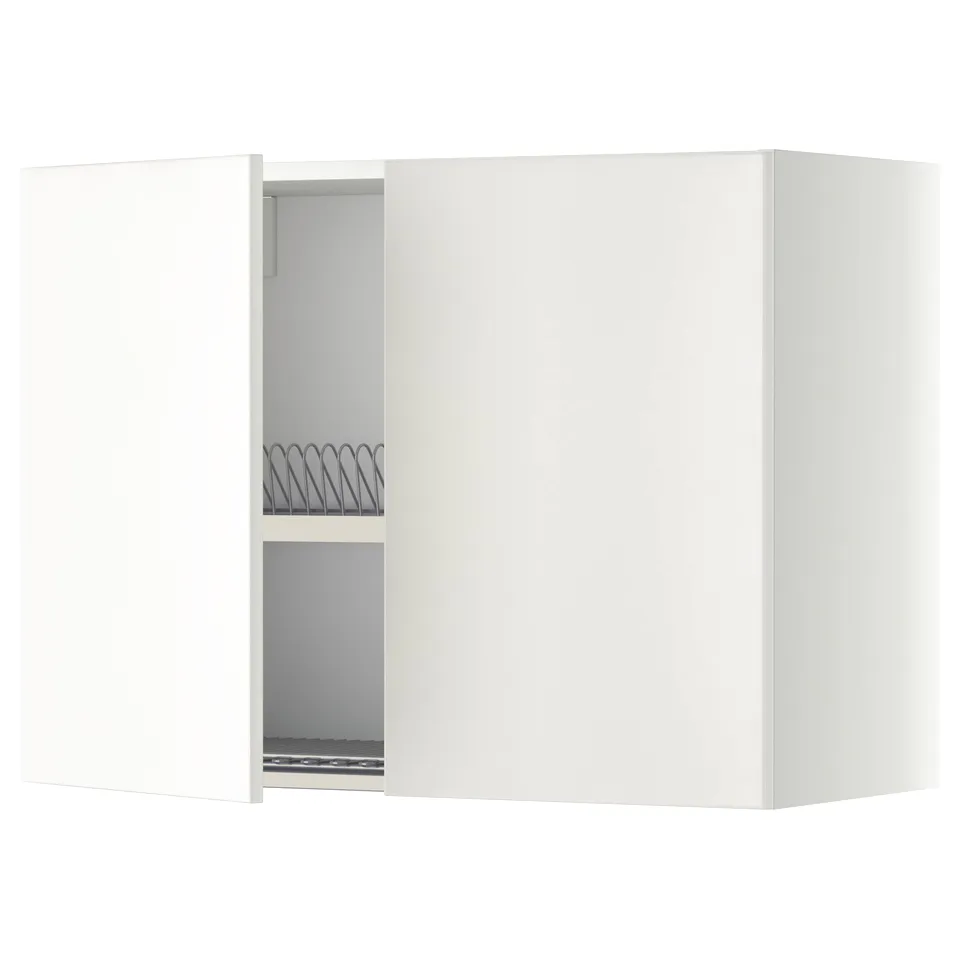 A white METOD kitchen wall cabinet with a single open door revealing storage shelves.