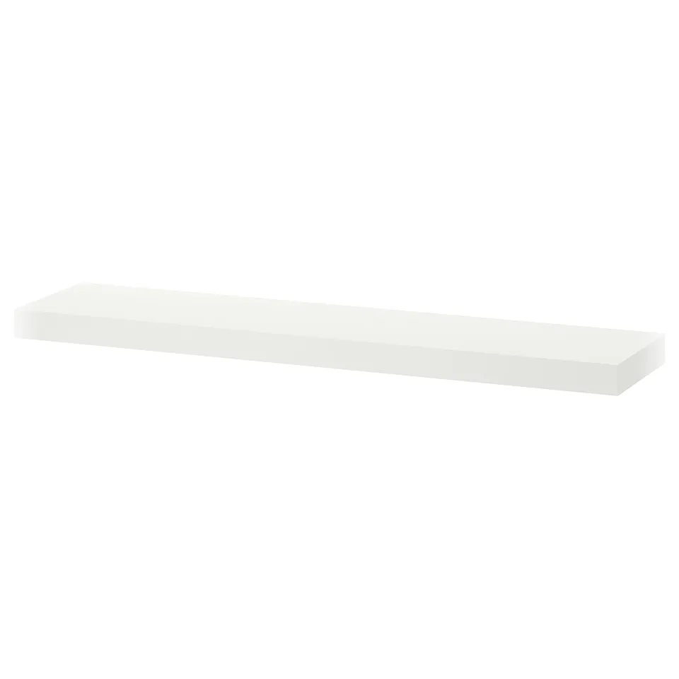 A white LACK wall shelf. Its rectangular, minimalist, and mounted on the wall.