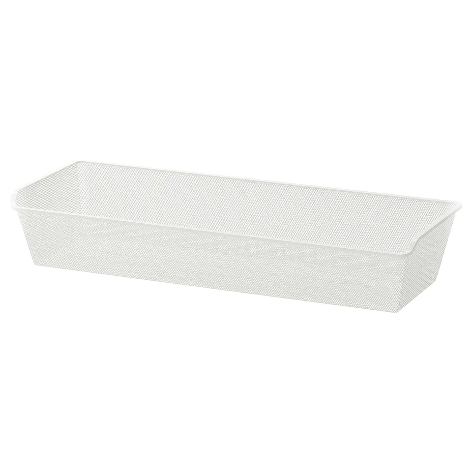 A white KOMPLEMENT mesh storage basket. Its rectangular, made of steel with a powder-coated finish, and has a transparent design for easy visibility.
