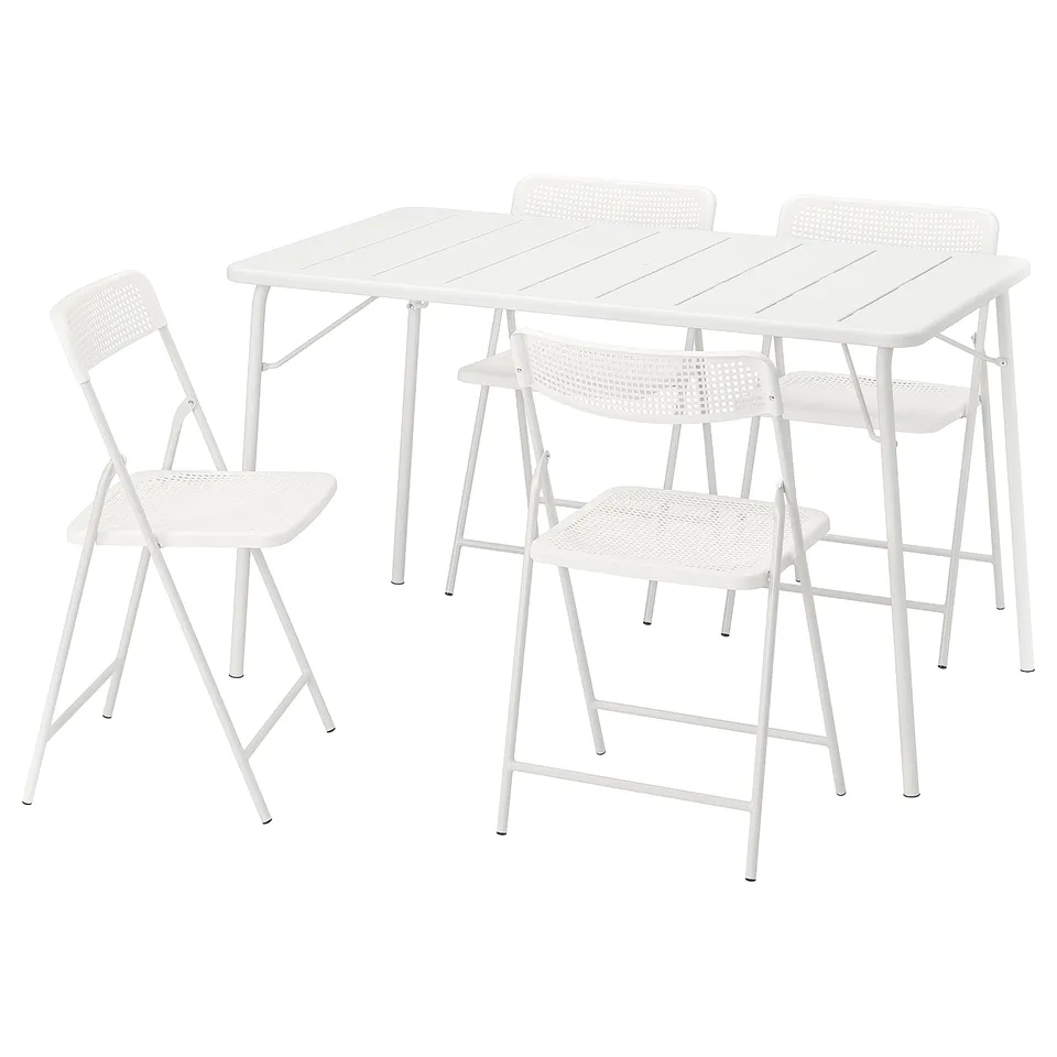 TORPARÖ set: square white outdoor table, three matching chairs. Steel and plastic, modern, folded design.