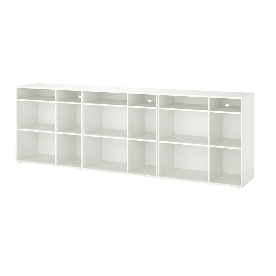 Wall-mounted VIHALS storage with open shelves, minimalist design.