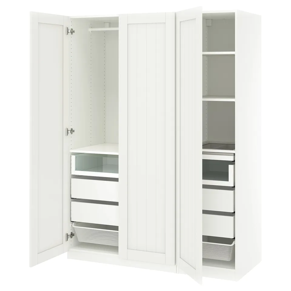 A white PAX wardrobe with open doors, featuring shelves and drawers.