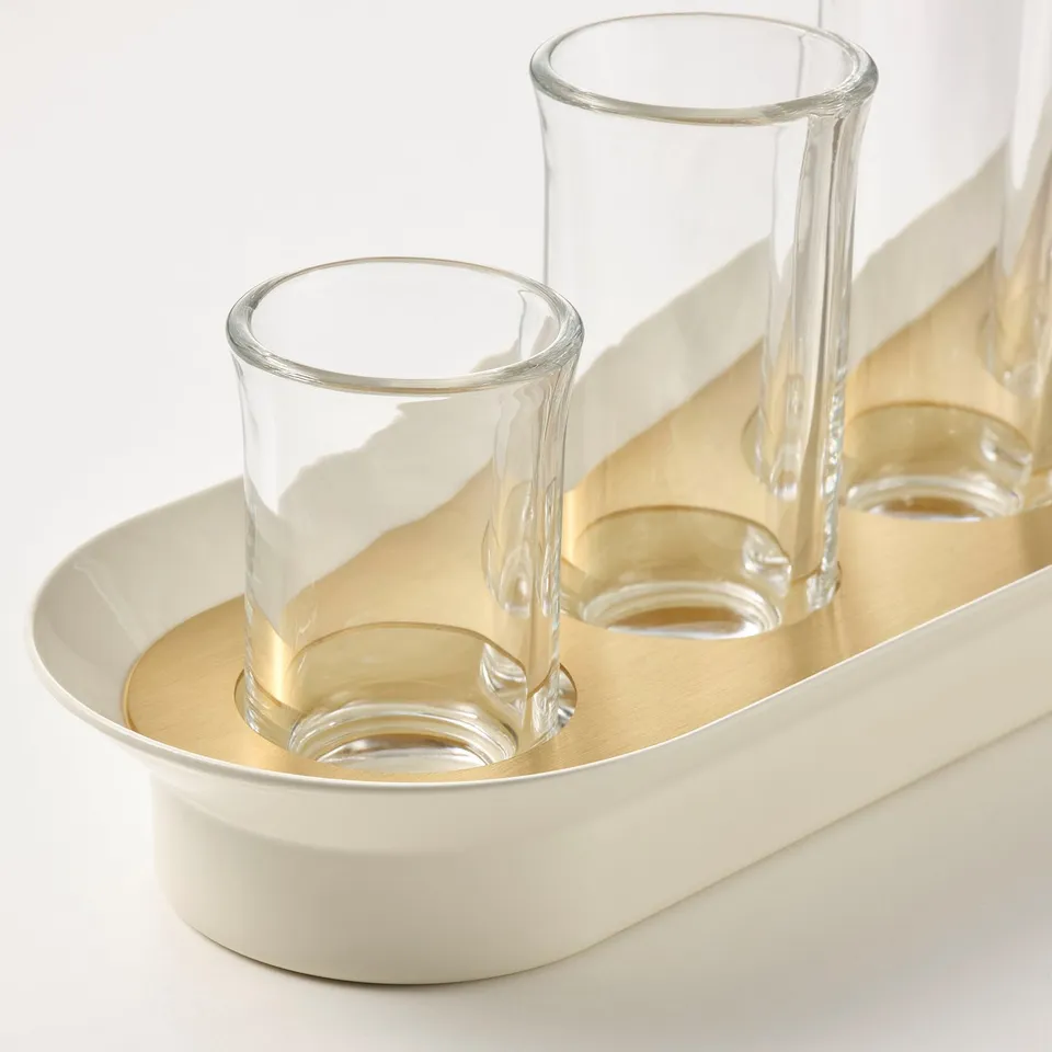 A stylish propagation set with clear glass tubes neatly placed in a minimalist metallic tray.