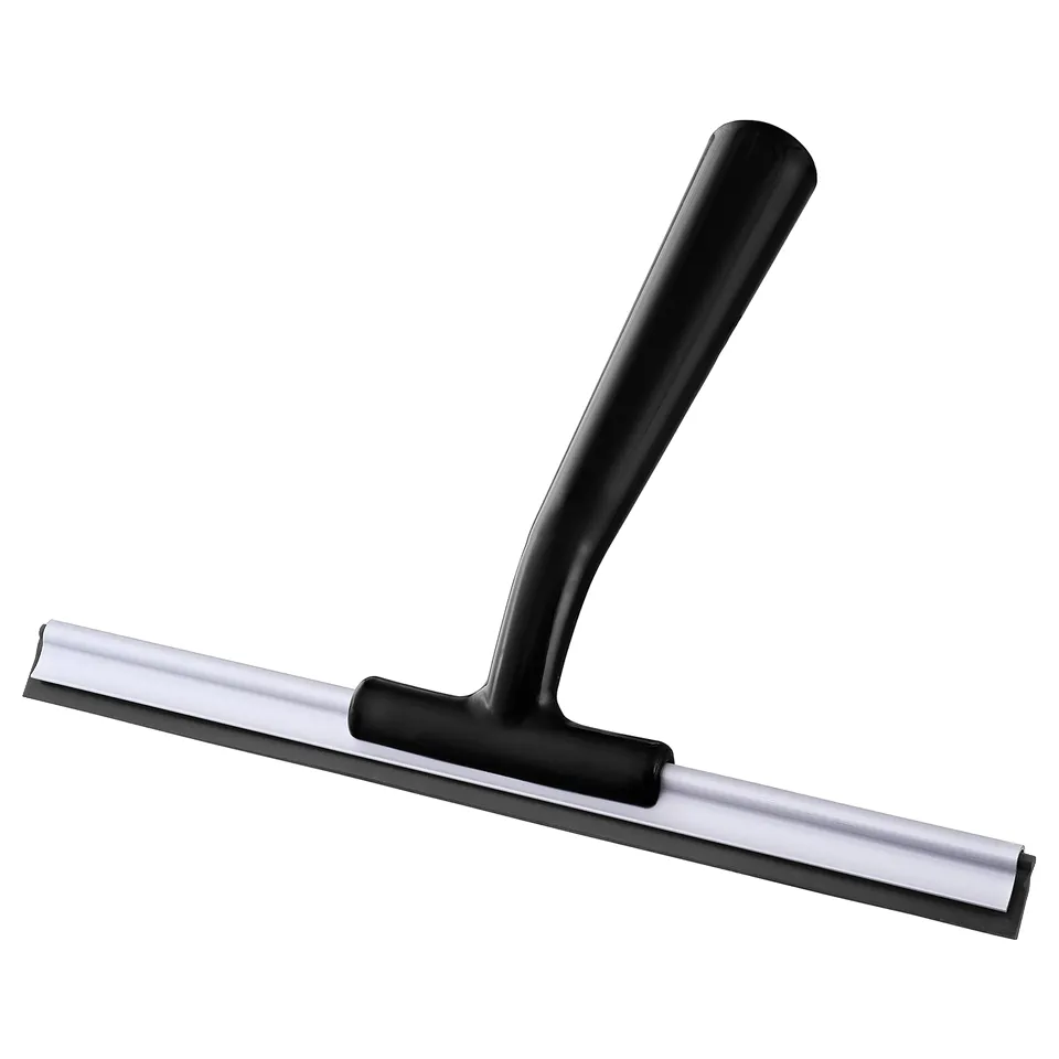 Black squeegee cleaning tool with silver blade and ergonomic handle for windows and shower surfaces.