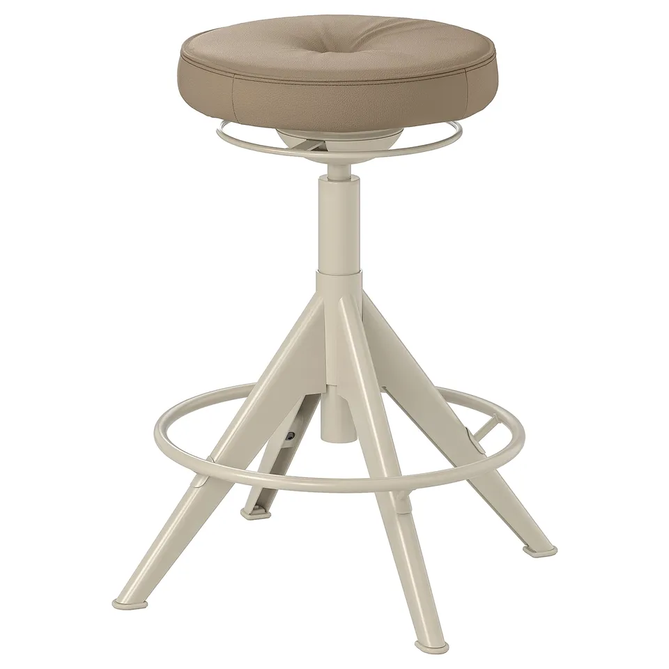 Beige swivel stool with cushion, three metal legs, leather, neutral colour.