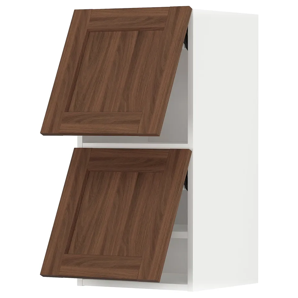 METOD kitchen cabinet, walnut finish, wood grain, two doors, white frame.