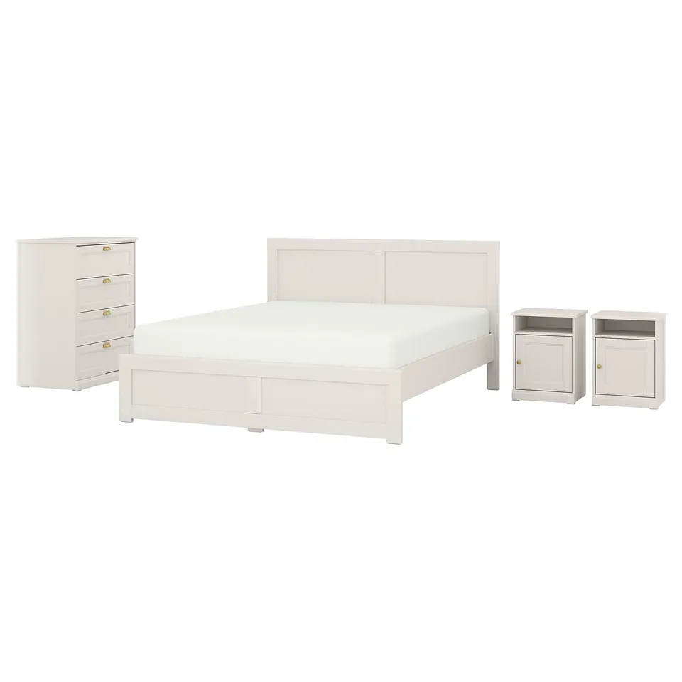 White FÅGELFJÄLLET bedroom set: bed, two nightstands, chest. Classic design.