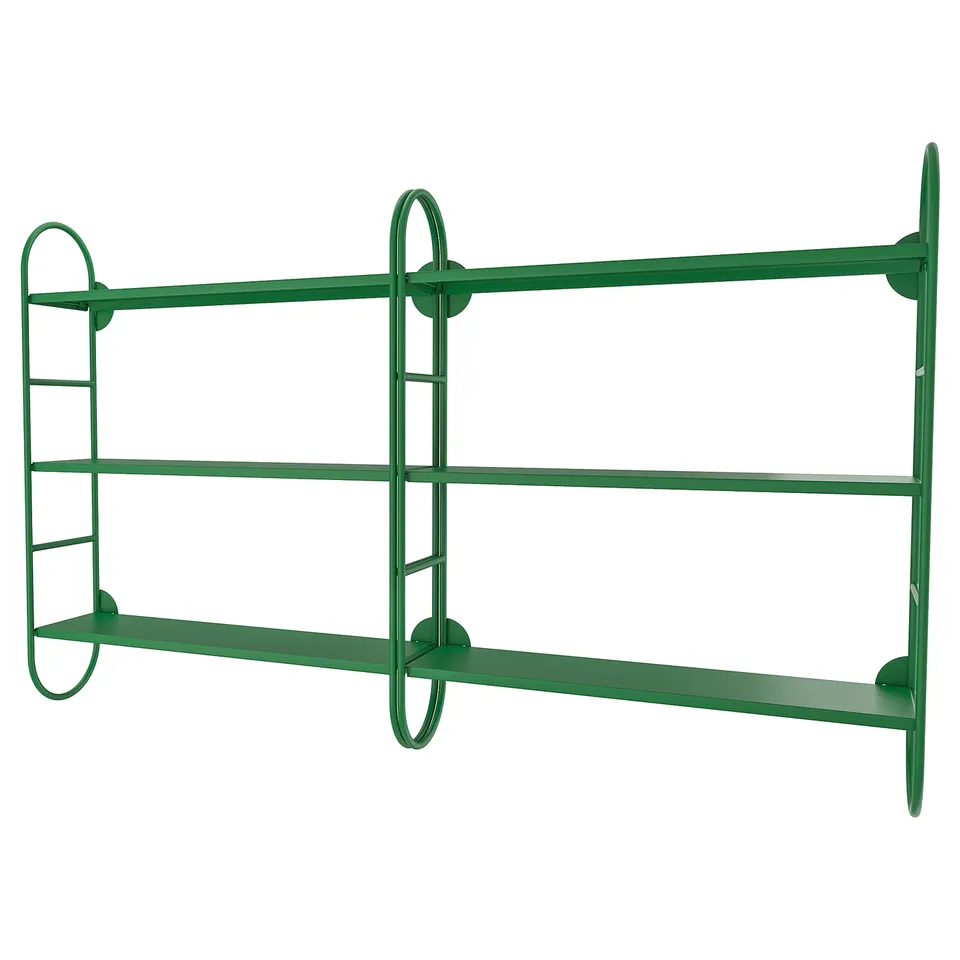 Green metal wall shelf; three tiers, rounded edges.
