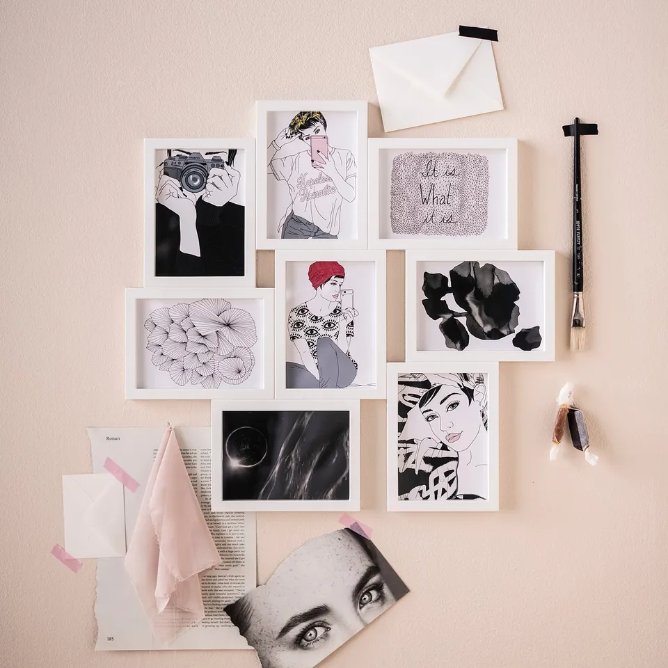 Black-and-white and colour art collage with portraits, abstracts, text, white frames, and artistic accessories.
