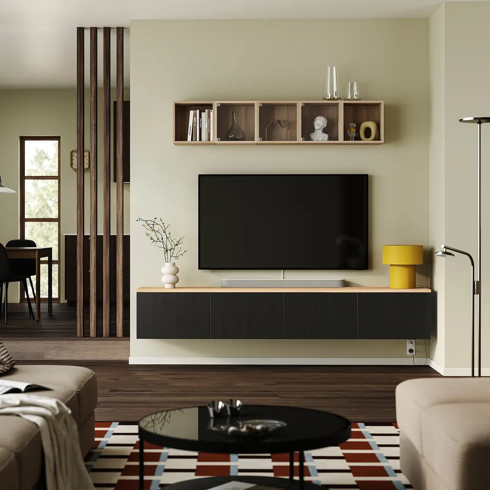 BESTÅ TV bench with doors, black-brown/Lappviken black-brown, 240x42x40 cm