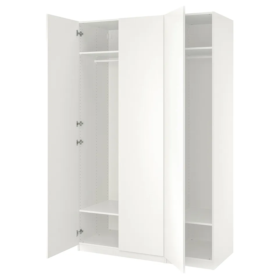 A white ikea PAX wardrobe with open doors, revealing an empty interior with adjustable shelves and a hanging rail.