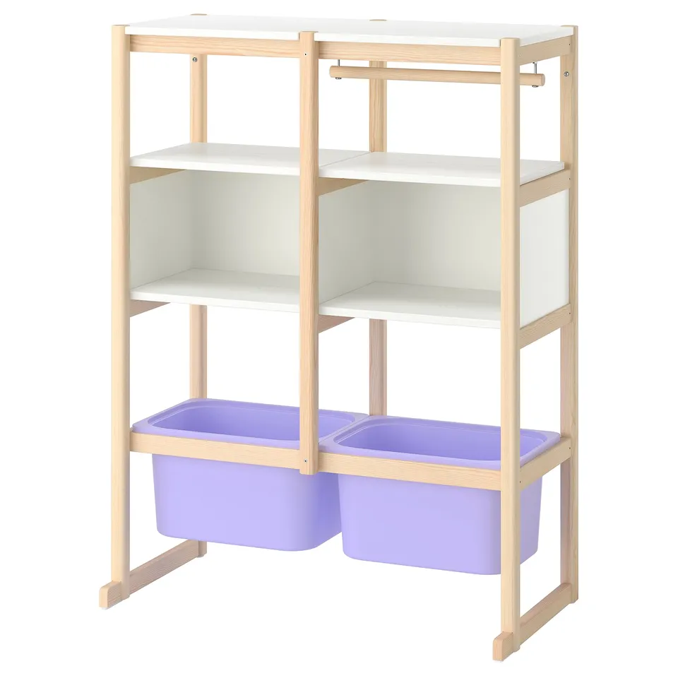 FLISAT wooden shelf with white shelves and 2 purple storage bins.