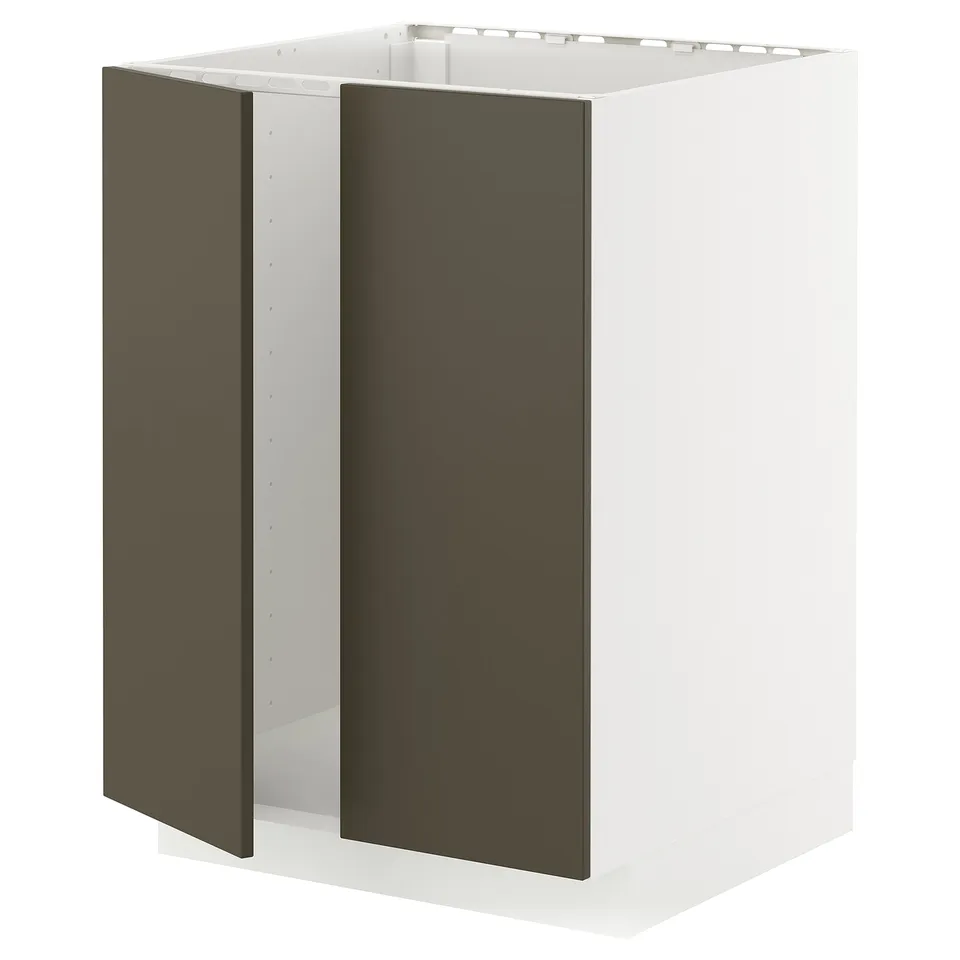 A white ikea METOD kitchen cabinet with dark brown havstorp doors. It is square-shaped and has a modern design.