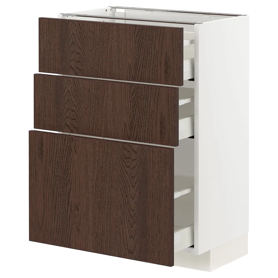 Modern kitchen unit, white and dark brown, with three wood drawer fronts.